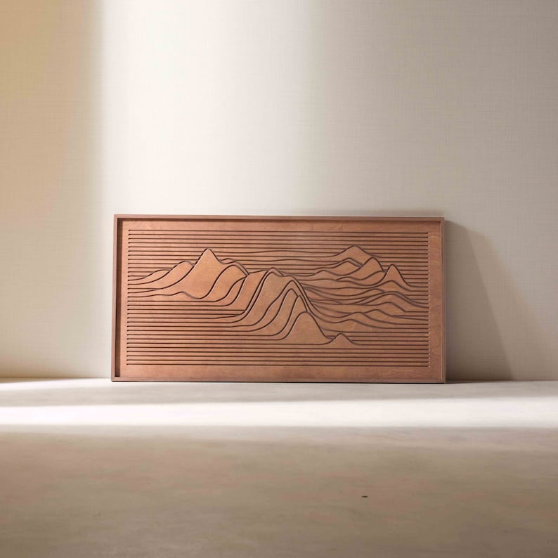 kveer wood Wooden Wall Art – Mountain Design | 3D Carved Nature Wall Panel | Rustic Home Decor for Living Room & Office