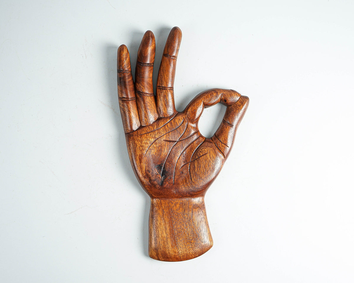 kveer WOOD Wooden Hand Wall Art – OK Gesture Carved Hand Sculpture – Solid Wood Decorative Wall Hanging for Home, Yoga Studio, Office, Meditation Room – Natural Brown Finish