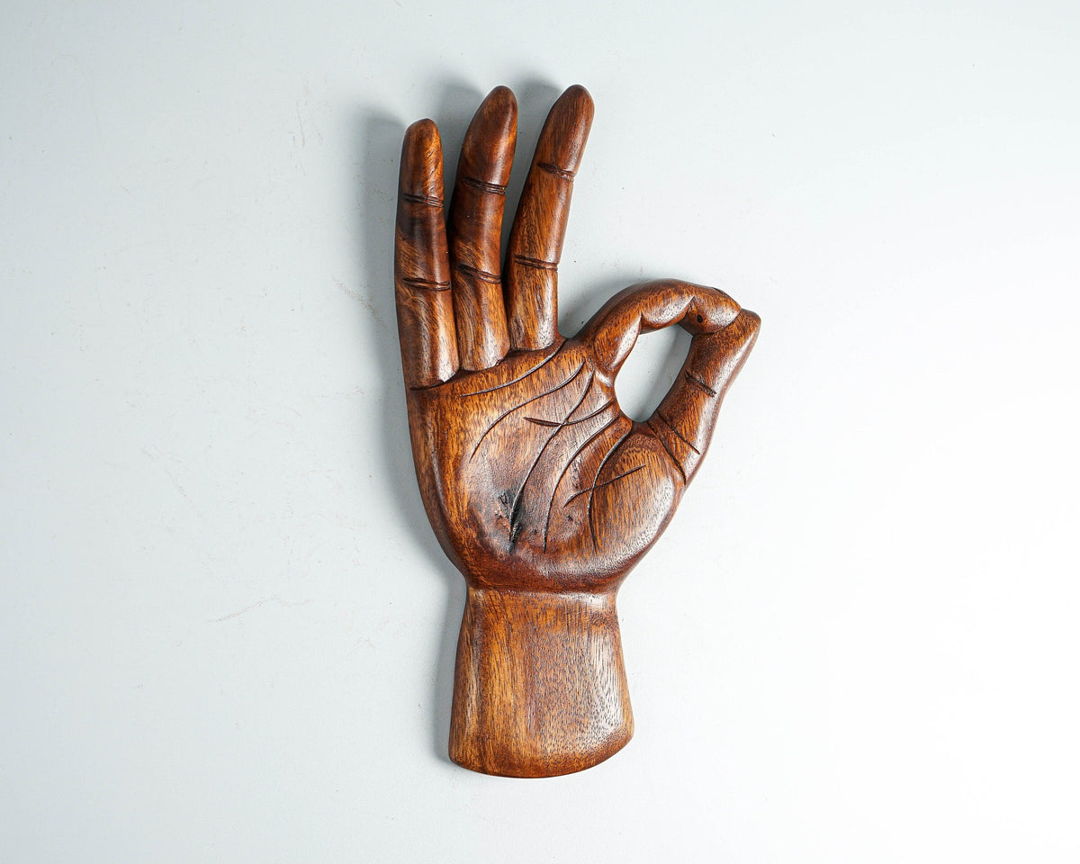 kveer WOOD Wooden Hand Wall Art – OK Gesture Carved Hand Sculpture – Solid Wood Decorative Wall Hanging for Home, Yoga Studio, Office, Meditation Room – Natural Brown Finish