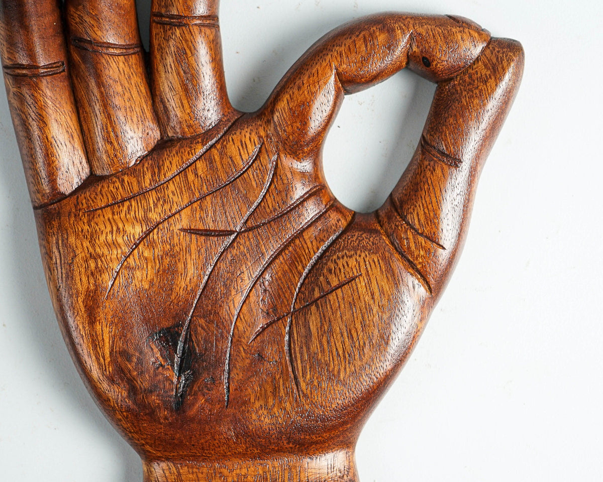 kveer WOOD Wooden Hand Wall Art – OK Gesture Carved Hand Sculpture – Solid Wood Decorative Wall Hanging for Home, Yoga Studio, Office, Meditation Room – Natural Brown Finish