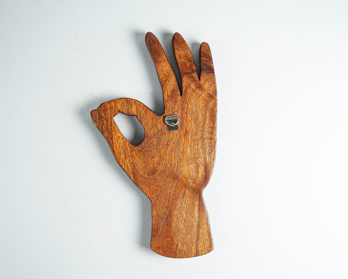 kveer WOOD Wooden Hand Wall Art – OK Gesture Carved Hand Sculpture – Solid Wood Decorative Wall Hanging for Home, Yoga Studio, Office, Meditation Room – Natural Brown Finish