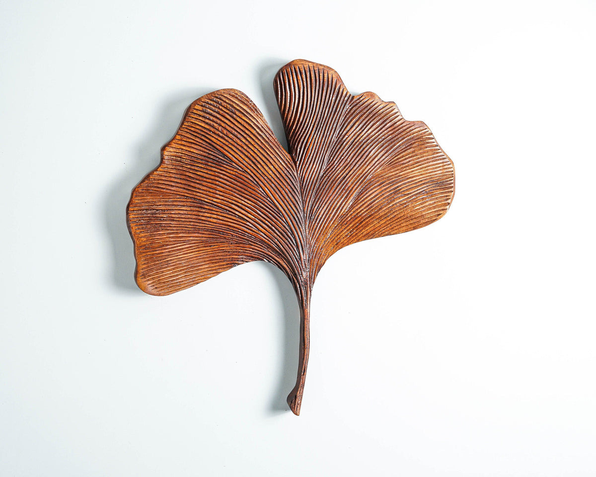 kveer SS Art Solid Wood Ginkgo Leaf Wall Art | Wood Carving | Room Decor | Honey Finish