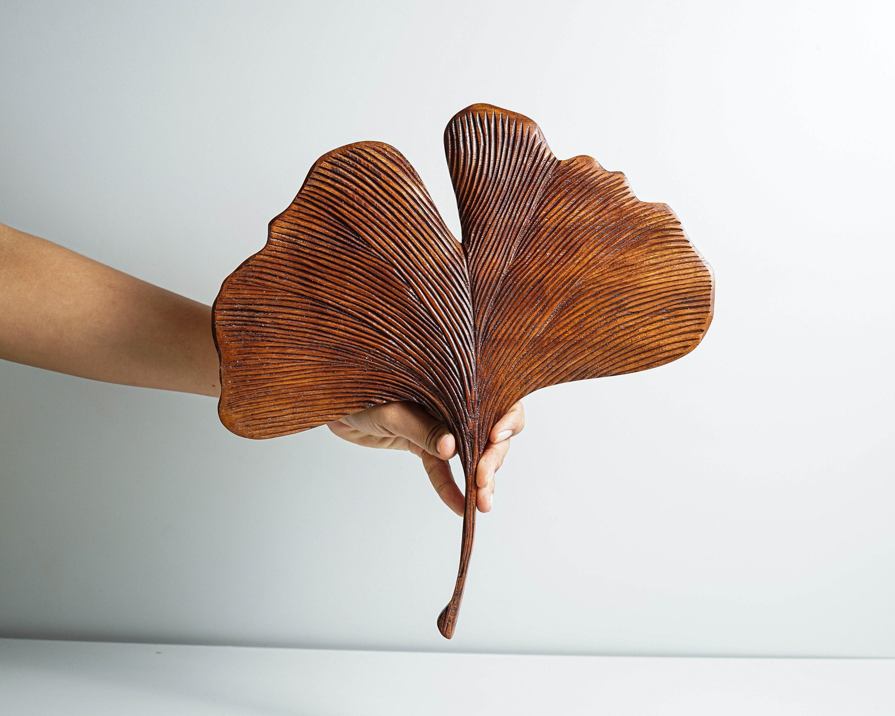 kveer SS Art Solid Wood Ginkgo Leaf Wall Art | Wood Carving | Room Decor | Honey Finish