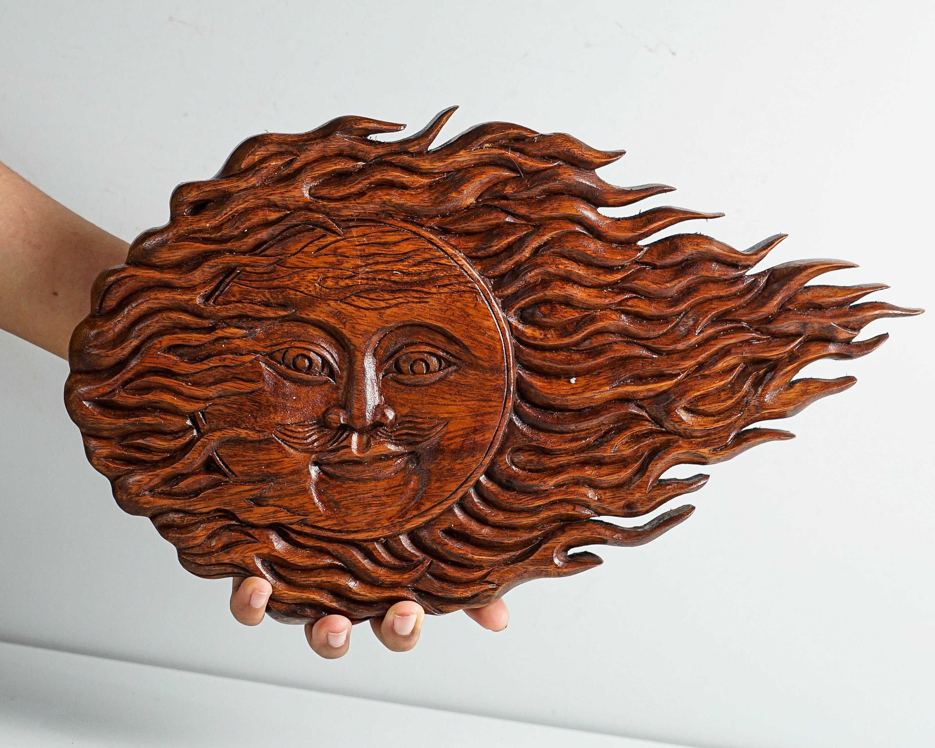 kveer SS Art Solid Wood Sun Wall Art | Wood Carving | Room Decor | Honey Finish