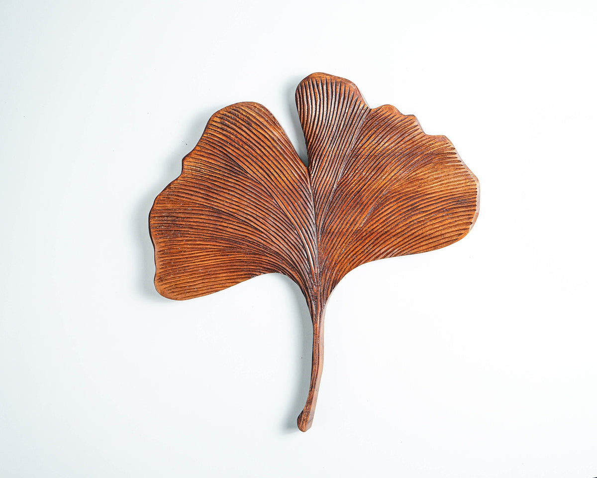 kveer SS Art Solid Wood Ginkgo Leaf Wall Art | Wood Carving | Room Decor | Honey Finish